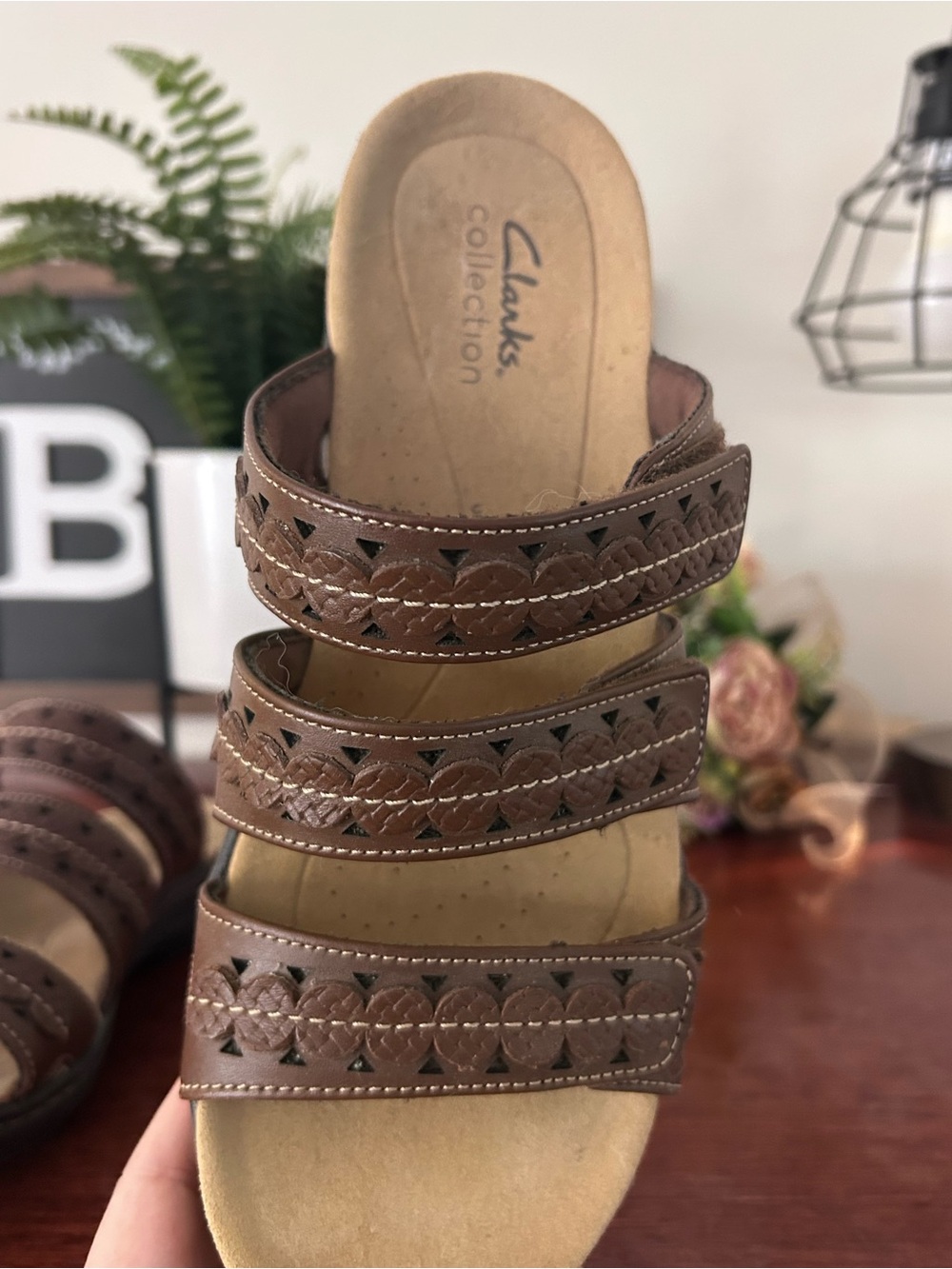 Clarks Brown Triple-Strap Leather Slide Sandals - Picture 5 of 7